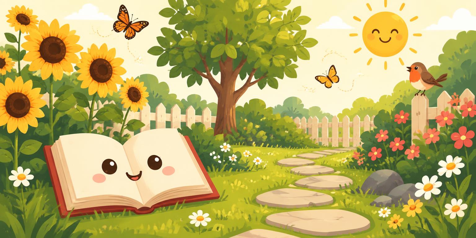 A sunny garden with sunflowers, a big tree, butterflies and a friendly open book beside a stepping-stone path